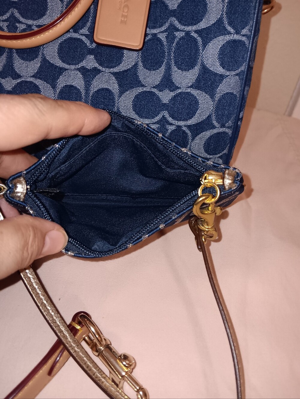 Coach Large Denim Rowan With Coach Poppy Small Wristlet With Gold Leather Trim - Picture 15 of 16